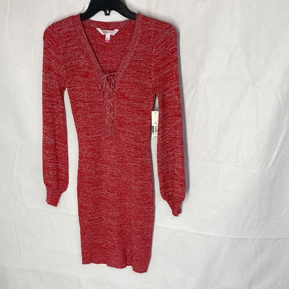 Relisted Red Ribbed metallic accent dress w lace up detail & stretch S M jrs - Picture 4 of 16